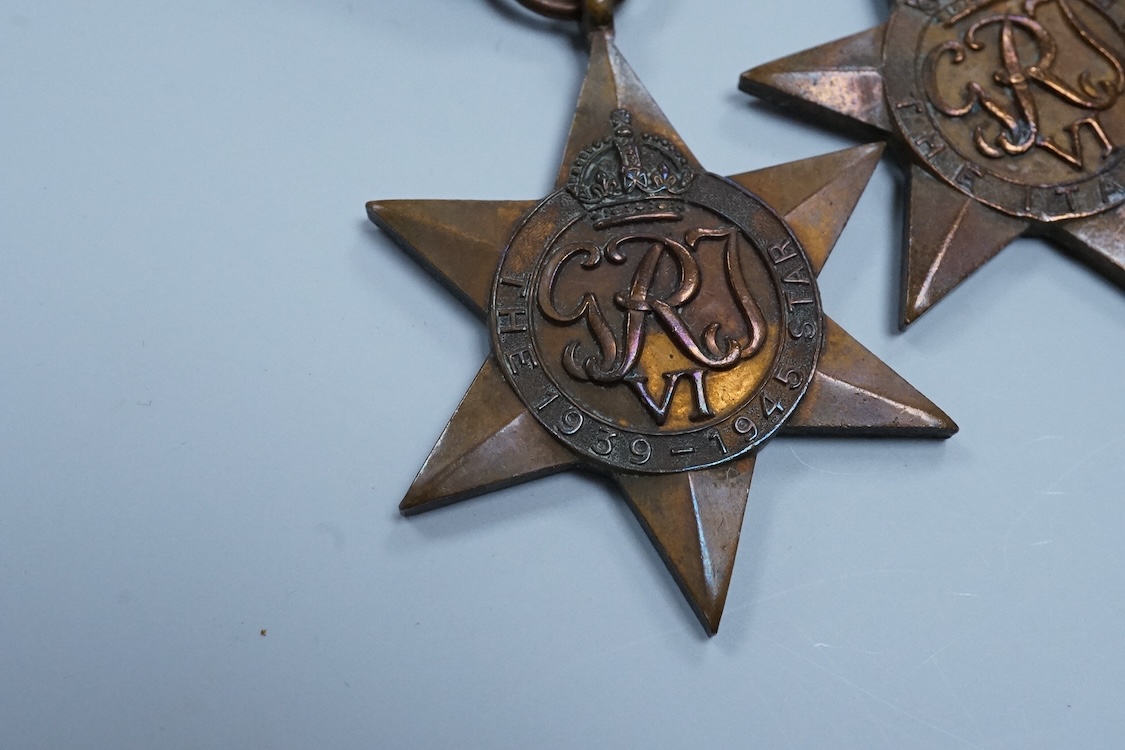 A WWII medal group awarded to Fg. Off. A.J. Fransella R.A.F., comprising of five medals including the Defence Medal, the 1939-1945 Medal, the Italy Star, the 1939-1945 Star and the General Service Medal with clasp for Pa